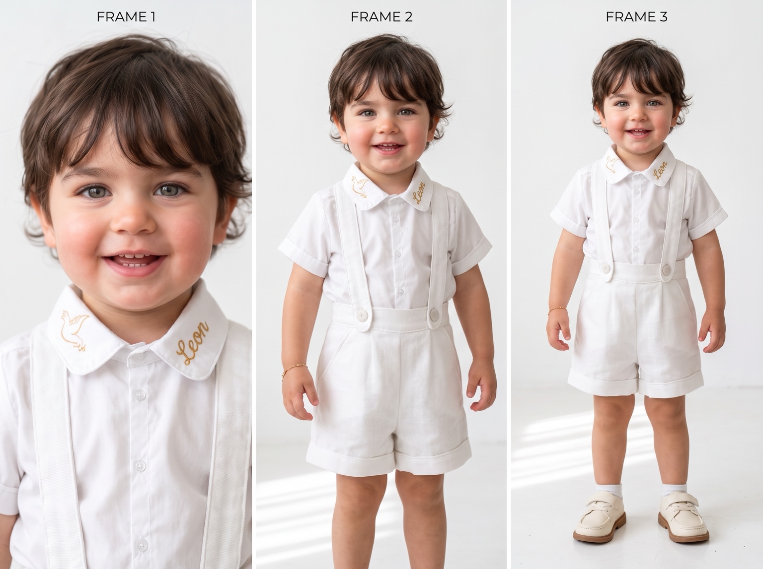 Retratos de Leon com sua roupa branca de batizado