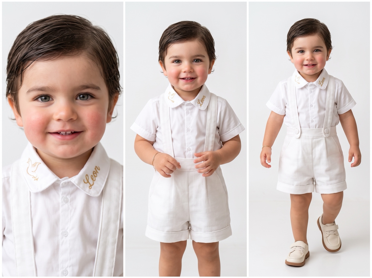 Retratos de Leon com sua roupa branca de batizado